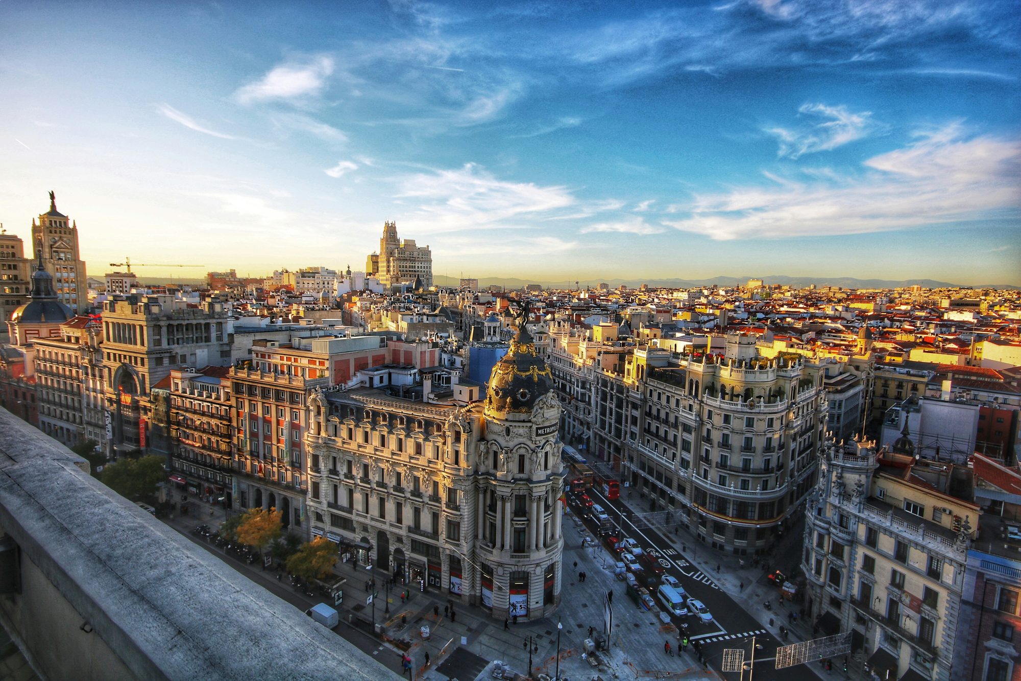 Aerial view of Madrid's Gran Vía and the Metropolis building